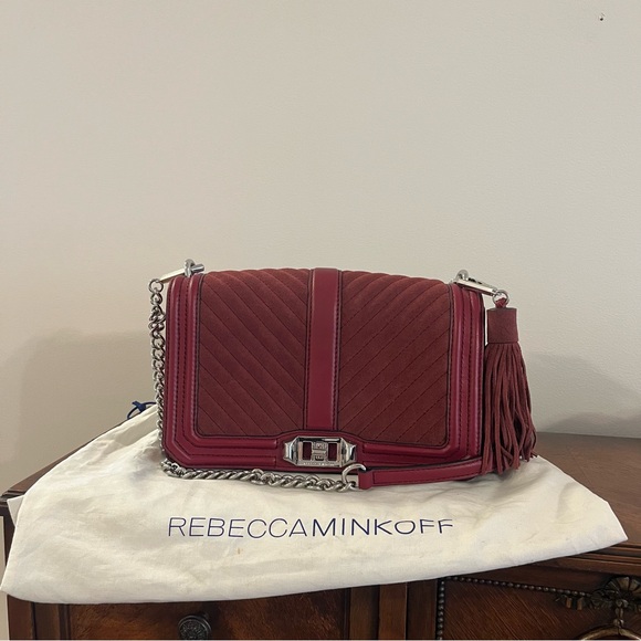 Rebecca Minkoff Chevron Quilted Love Crossbody Leather and Suede Burgundy/Silver - Picture 2 of 12